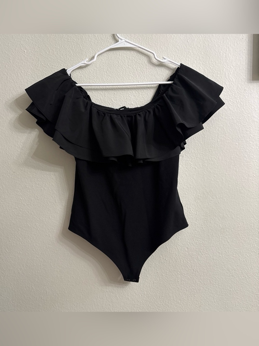 EXPRESS Black Ruffle Off-Shoulder One-Piece for women.s